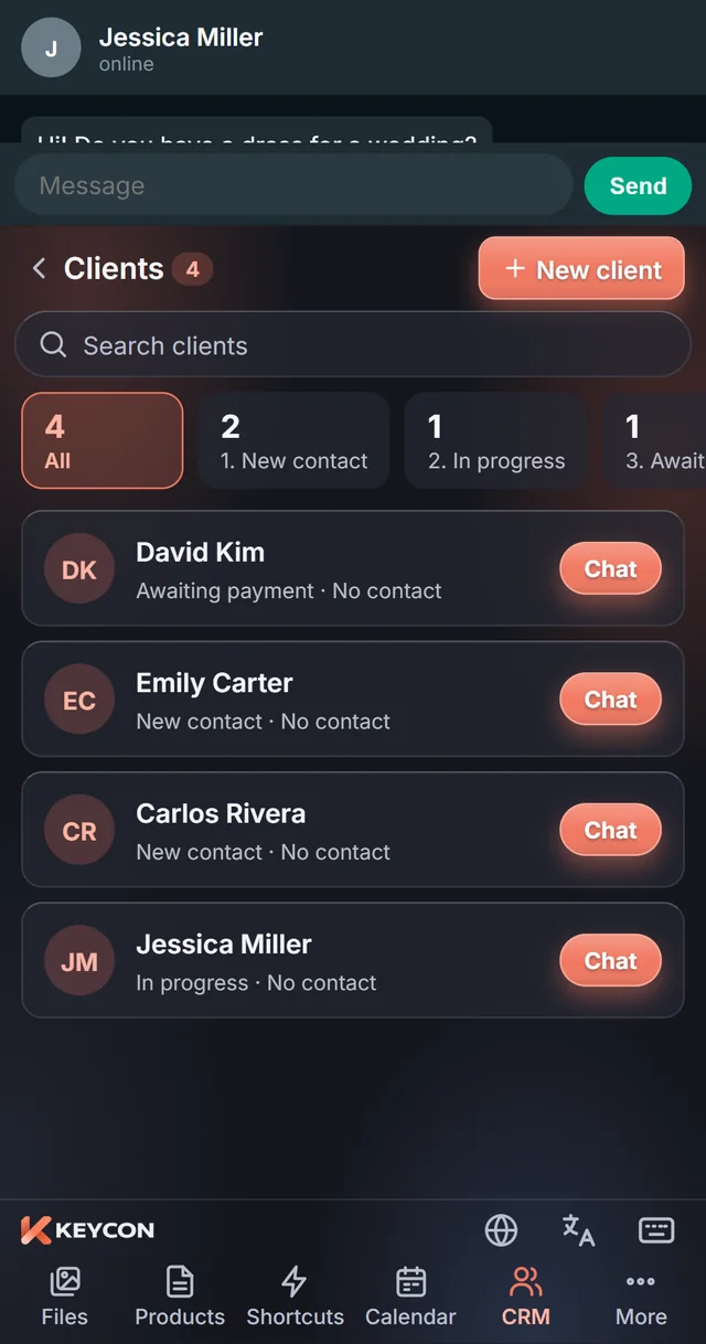 Keyboard CRM with customers grouped by sales stage