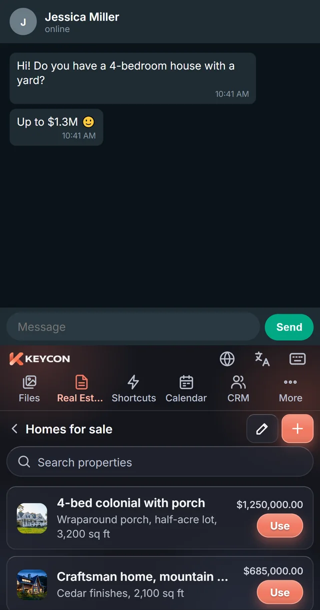 The keyboard lists homes for sale with photos, prices and a Use button