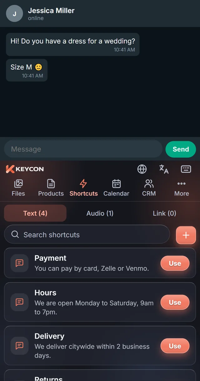 Keyboard Shortcuts tab with ready-made replies