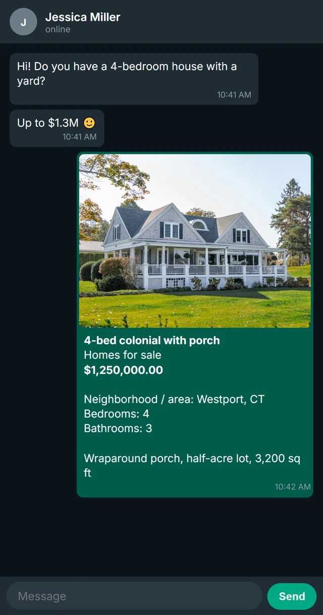 The house photo arrives in the chat with the price, neighborhood, bedrooms and bathrooms below it