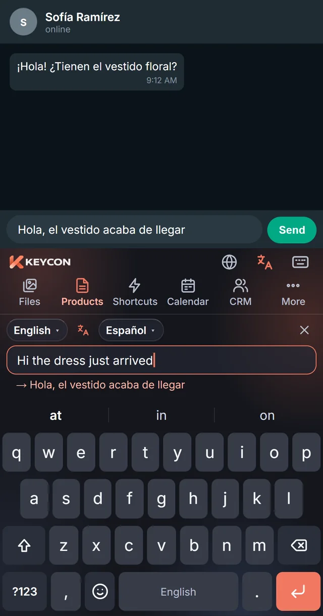 Keyboard translator: text written in English goes into the message in Spanish